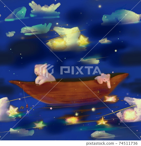 北極熊父母和孩子在繁星點點的夜晚在充滿冰河的北冰洋探險的插圖 74511736