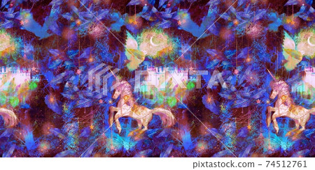 在一片落葉飛舞的森林中發現的獨角獸,鴿子和中世紀城堡的圖案插圖 在一片落葉飛舞的森林中發現的獨角獸,鴿子和中世紀城堡的圖案插圖 74512761