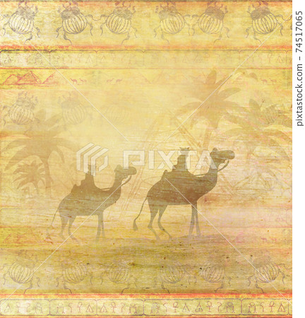 Camel train silhouetted against sky crossing the Sahara Desert - abstract grunge card 74517065