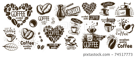 Large vector set of drawn logos and coffee elements Large vector set of drawn logos and coffee elements 74517773