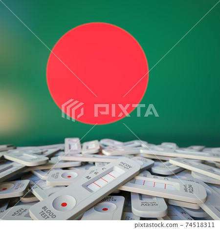 Flag of Bangladesh and disposed COVID-19 antigen tests, coronavirus outbreak conceptual 3D rendering 74518311