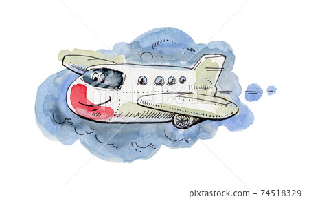 Happy airplane flying in the clouds. Watercolour illustration Happy airplane flying in the clouds. Watercolour illustration 74518329