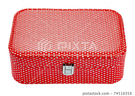 Closed red jewelry box adorned with glittering jewels isolated white. 74518358