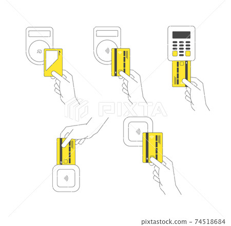 A set of illustrations for cashless payment using a credit card. A set of illustrations for cashless payment using a credit card. 74518684
