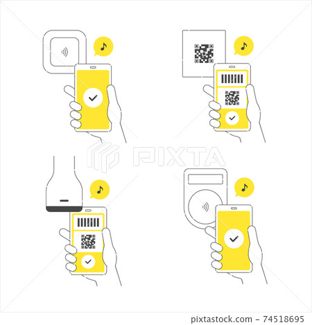 Cashless payment with a smartphone. A set of illustrations for touch payment with electronic money. Cashless payment with a smartphone. A set of illustrations for touch payment with electronic money. 74518695