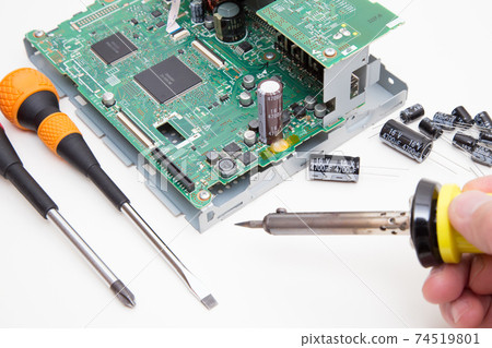 Soldering of electronic circuit parts using a soldering iron, repair of printed circuit boards, replacement of electronic parts 74519801