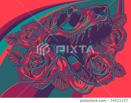 illustration tyrannosaurus rex and roses frame. Tattoo design. illustration tyrannosaurus rex and roses frame. Tattoo design. 74521157