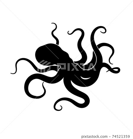 Black silhouette of giant octopus on white background. Sea monster kraken. Isolated icon 74521359