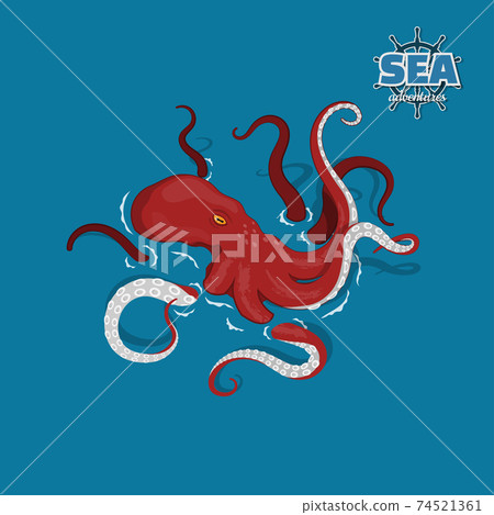 Giant red octopus on white background. Sea monster kraken in cartoon style. Pirate game. 3d image Giant red octopus on white background. Sea monster kraken in cartoon style. Pirate game. 3d image 74521361