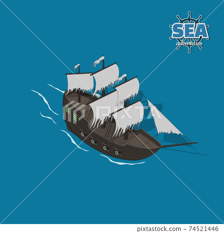 Sailer ghost on blue background. Sailboat in isometric style. 3d illustration of ancient ship. Pirate game 74521446