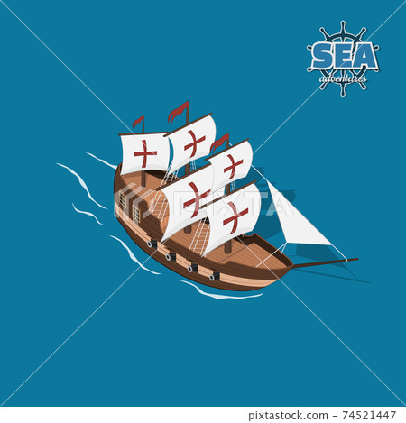 Brown sailer on blue background. Sailboat in isometric style. 3d illustration of ancient ship. Pirate game Brown sailer on blue background. Sailboat in isometric style. 3d illustration of ancient ship. Pirate game 74521447
