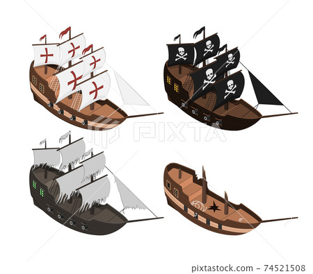 Sailers on white background. Isolated sailboat in isometric style. 3d illustration of ancient ship. Pirate game 74521508