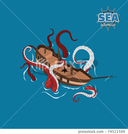 Broken sailer with kraken on blue background. Sailboat in isometric style. 3d illustration of ancient ship. Pirate game Broken sailer with kraken on blue background. Sailboat in isometric style. 3d illustration of ancient ship. Pirate game 74521509