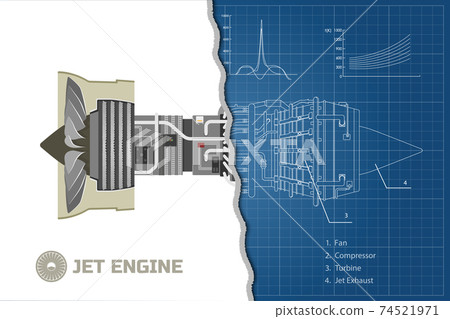 Jet engine of airplane. Outline style. Industrial aerospase blueprint. Part of the aircraft. Side view 74521971