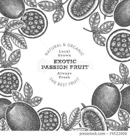 Hand drawn sketch style passion fruit banner. Organic fresh fruit vector illustration. Retro exotic fruit design template 74522008