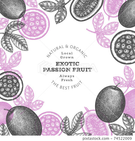 Hand drawn sketch style passion fruit banner. Organic fresh fruit vector illustration. Retro exotic fruit design template 74522009