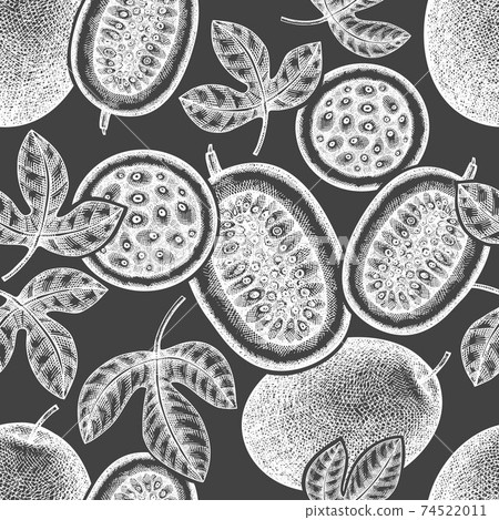 Hand drawn sketch style passion fruit seamless pattern. Organic fresh fruit vector illustration on chalk board. Retro exotic fruit background 74522011