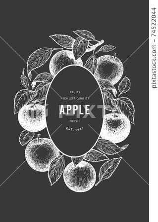 Apple branch design template. Hand drawn vector garden fruit illustration on chalk board. Engraved style fruit retro botanical banner. Apple branch design template. Hand drawn vector garden fruit illustration on chalk board. Engraved style fruit retro botanical banner. 74522044