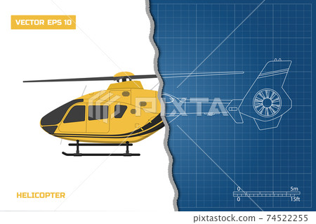 Engineering blueprint of helicopter. Helicopters side view. Industrial drawing 74522255