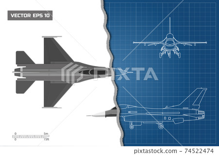 Drawing of military aircraft. Industrial blueprint. Top, side, front views. Fighter jet. War plane with external weapons Drawing of military aircraft. Industrial blueprint. Top, side, front views. Fighter jet. War plane with external weapons 74522474