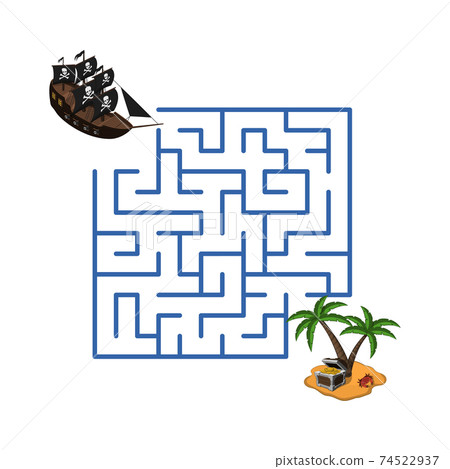 Maze in cartoon style. Pirate ship and treasure... - Stock Illustration ...