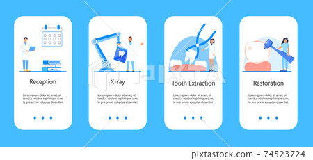 Dental services vector concept for app, social stories. Tiny dentists make x-ray scan of teeth. Whiten enamel or recovery implant concept. 74523724