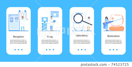 Dental services vector concept for app, social stories. Tiny dentists make x-ray scan of teeth. Whiten enamel or recovery implant concept. 74523725