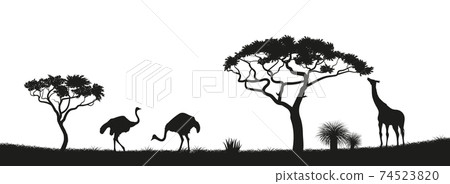 Black silhouette of ostrich, giraffe and trees in the savannah. Animals of Africa. African landscape. Panorama of wild nature 74523820