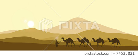 The brown silhouette of the caravan in the desert. Camels in the sands. African landscape. Desert scene 74523821