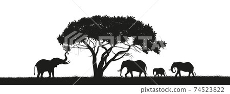 Black silhouette of elephants and trees in the savannah. Animals of Africa. African landscape. Panorama of wild nature