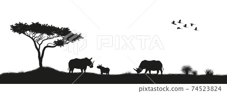 Black silhouette of rhinoceroses and trees in the savannah. Animals of Africa. African landscape. Panorama of wild nature 74523824