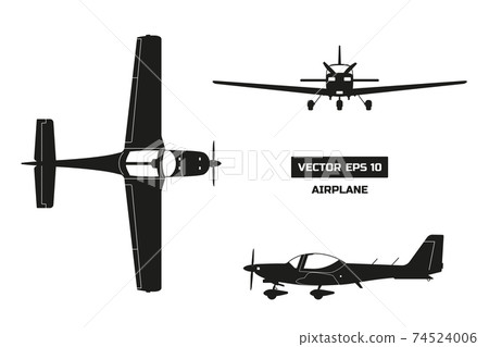 Black silhouette of airplane on white background. Fast sport aircraft. Industrial drawing of plane. Top, front and side view 74524006