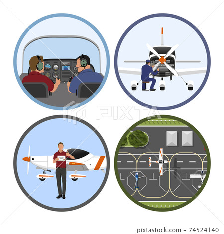 Flight training academy. Repair and maintenance of the aircraft. Plane flying over an airfield Flight training academy. Repair and maintenance of the aircraft. Plane flying over an airfield 74524140