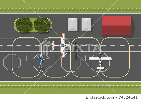 Training aerodrome of flying academy. Plane is flying over airport. Top view of aircraft. Scene from above Training aerodrome of flying academy. Plane is flying over airport. Top view of aircraft. Scene from above 74524141