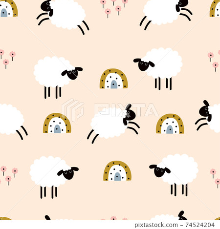 seamless pattern with cute sheeps on pink 74524204