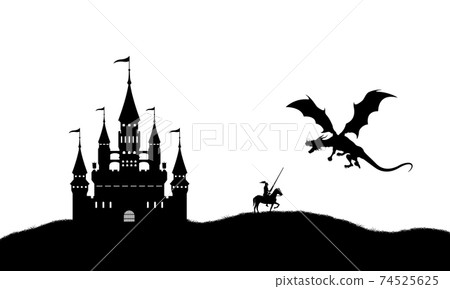 Black silhouette of dragon and knight on white... - Stock Illustration ...