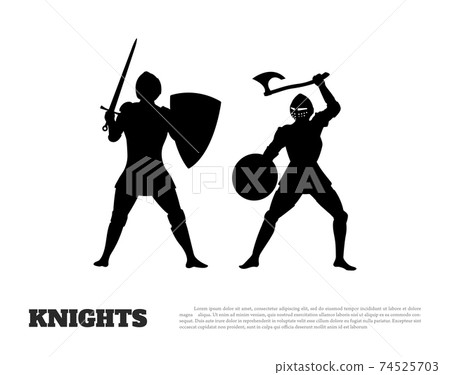 Black silhouette of knight battle on white background. Icon of medieval soldiers. Isolated image Black silhouette of knight battle on white background. Icon of medieval soldiers. Isolated image 74525703