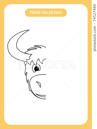 Finish the picture of yak or bull. Educational game for children. Handwriting and drawing practice. Nature theme activity for toddlers, kids. 74527489