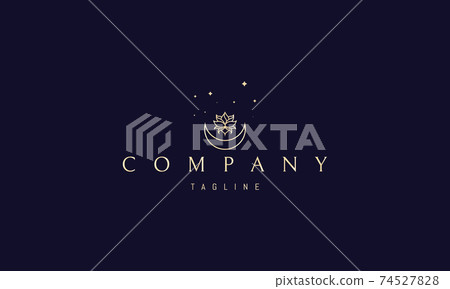 Vector golden logo in which an abstract image of a lotus flower and the moon on a background of stars. Vector golden logo in which an abstract image of a lotus flower and the moon on a background of stars. 74527828