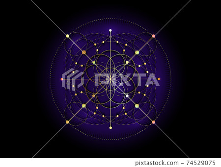 Sacred Geometry, gold Seed of life symbol. Logo icon Geometric mystic mandala of alchemy esoteric Flower of Life. Vector neon line art tattoo divine meditative amulet isolated on blue background Sacred Geometry, gold Seed of life symbol. Logo icon Geometric mystic mandala of alchemy esoteric Flower of Life. Vector neon line art tattoo divine meditative amulet isolated on blue background 74529075