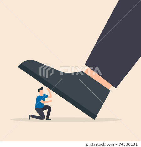 Huge leg of a man steps on a small frightened weak businessman. Angry arrogant boss. Vector illustration Huge leg of a man steps on a small frightened weak businessman. Angry arrogant boss. Vector illustration 74530131