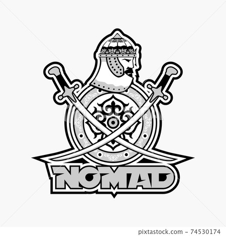 Central Asian warrior nomads, Isolated vector illustration in flat cartoon style logo . Kazakhstan. Central Asian warrior nomads, Isolated vector illustration in flat cartoon style logo . Kazakhstan. 74530174