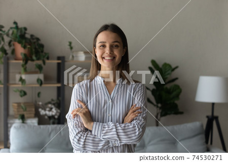 Portrait of smiling woman satisfied client of interior design studio Portrait of smiling woman satisfied client of interior design studio 74530271