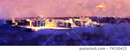 Abstract landscape painting. Travel Art. Fortress and the sea 74530425