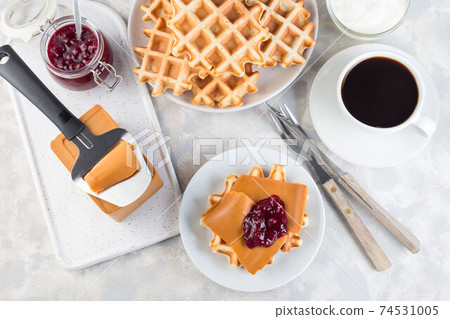 Homemade waffles with norwegian brown cheese and lingon jam, horizontal, top view Homemade waffles with norwegian brown cheese and lingon jam, horizontal, top view 74531005