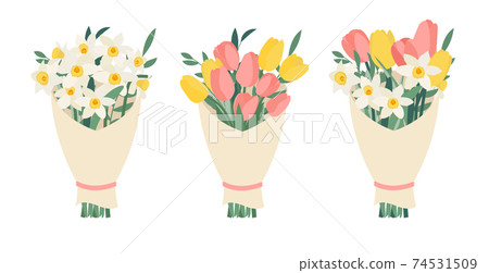 Bouquet collection set with spring flowers tulips and daffodils isolated on white background. Vector Illustration EPS10 74531509
