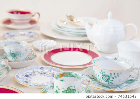 Brightly stacked tableware, image of tea time 74531542