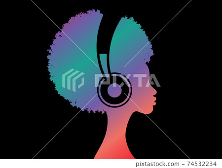 Colorful Afro curly girl listens to music on headphones. Music therapy. Profile of a young African American woman. Musician avatar side view. Vector illustration isolated on black background Colorful Afro curly girl listens to music on headphones. Music therapy. Profile of a young African American woman. Musician avatar side view. Vector illustration isolated on black background 74532234
