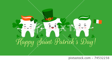 St Patrick day tooth in leprechaun hat with clover and irish flag. 74532238