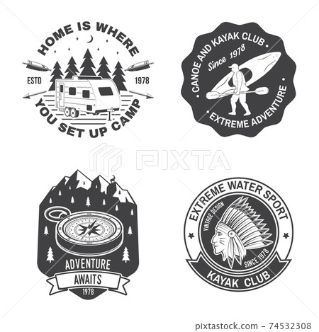 Set of Summer camp, canoe and kayak club badge. Vector. Concept for shirt or logo, print, stamp, patch. Vintage typography design with kayaker, camping tent, forest, mountain silhouette Set of Summer camp, canoe and kayak club badge. Vector. Concept for shirt or logo, print, stamp, patch. Vintage typography design with kayaker, camping tent, forest, mountain silhouette 74532308